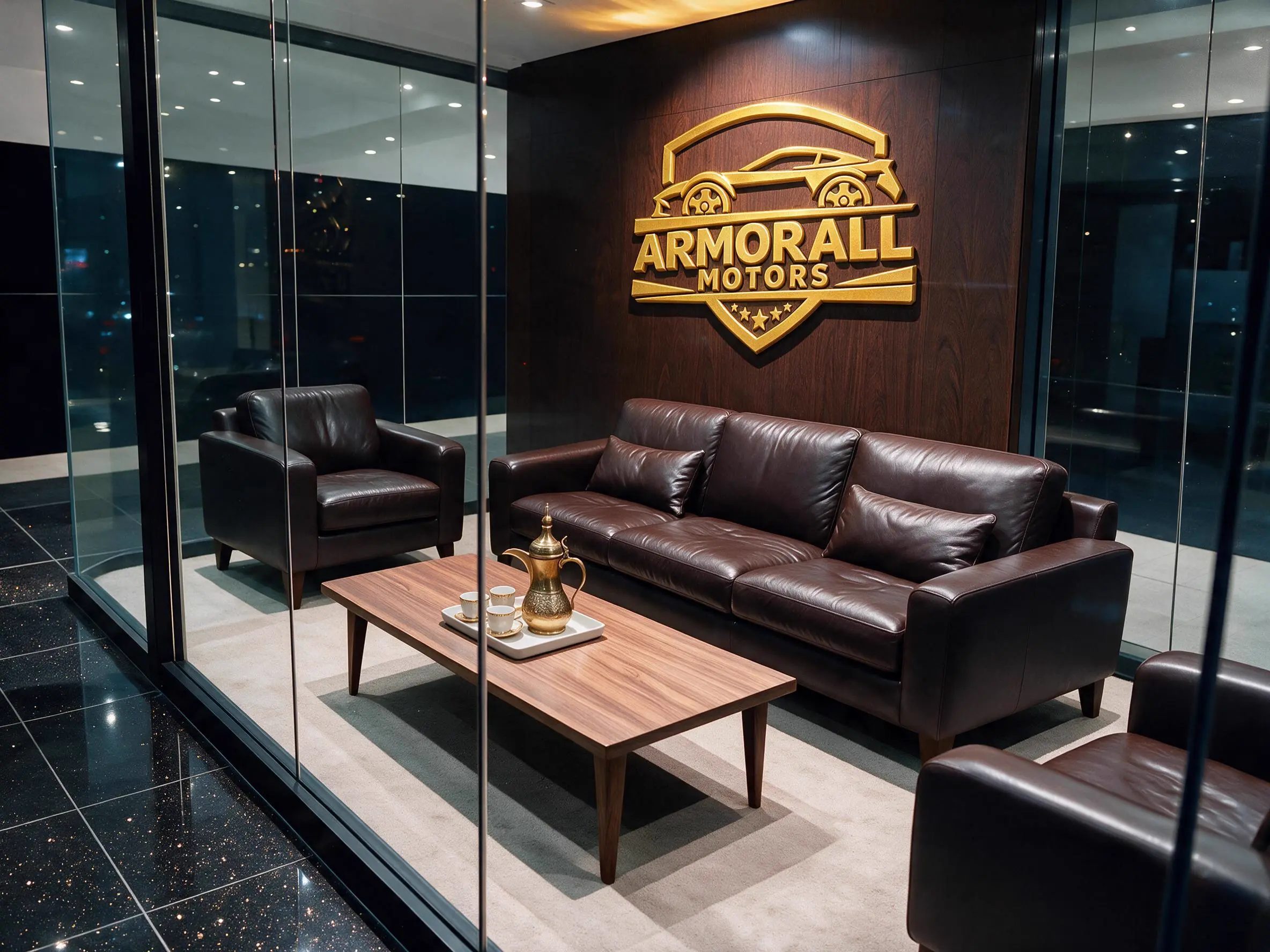The customer seating area inside the ARMORALL MOTORS showroom
