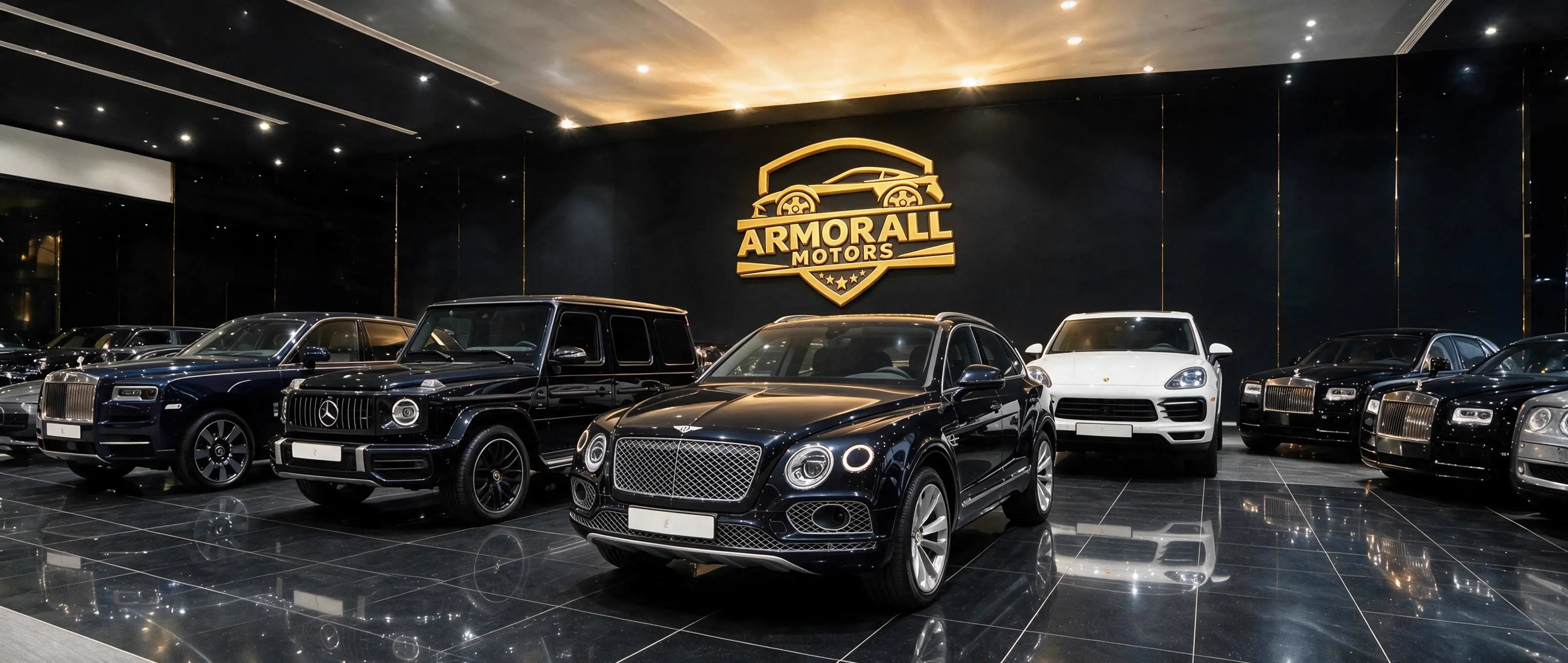 A row of new and pre-owned cars on the ARMORALL MOTORS floor